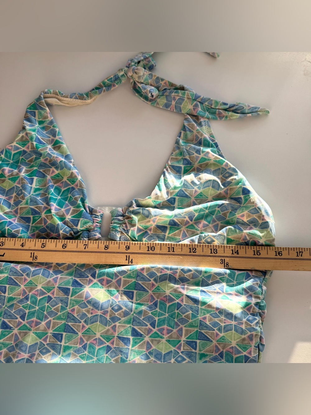 Helen Jon Women’s L Halter Neck Ruched Tankini Top Swimsuit Geometric Print Blue - Picture 8 of 10